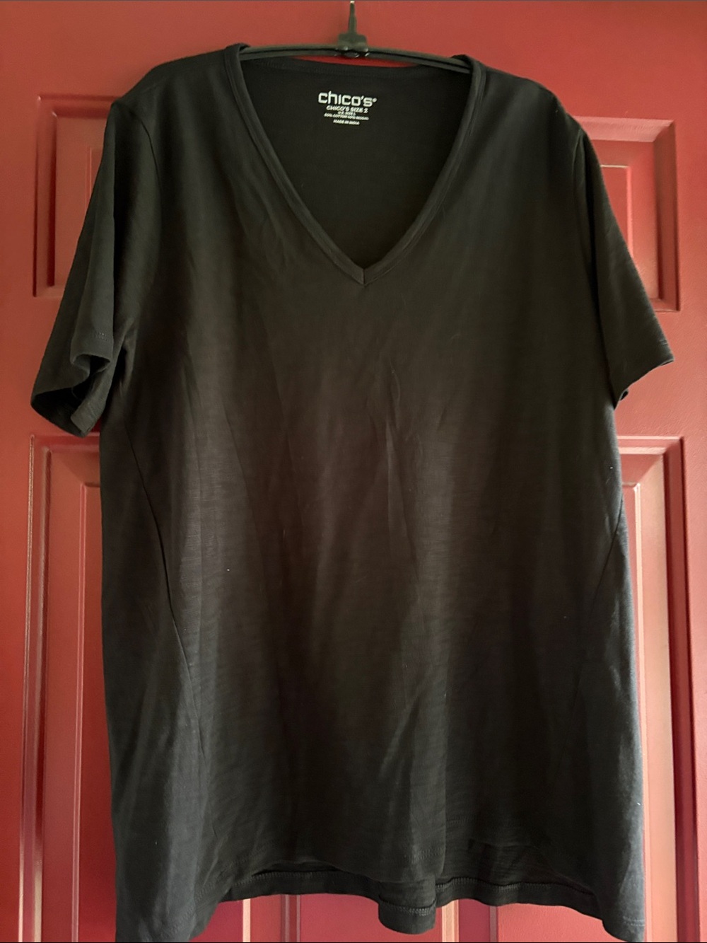 New Chico's Women's Black Cotton Forward Seam Slub  V-Neck Short Sleeve Tee